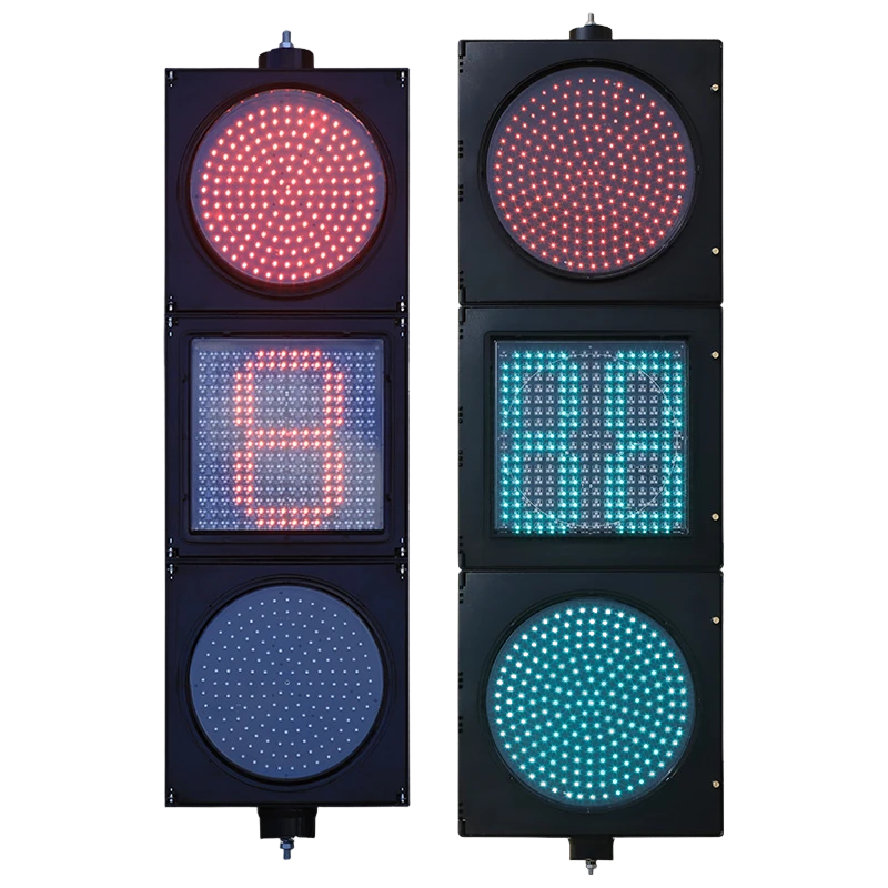 ไฟจราจรทรงกลมสีแดง/เหลือง/เขียวกำลังต่ำพร้อมระบบนับเวลาถอยหลังแบบดอทเมทริกซ์